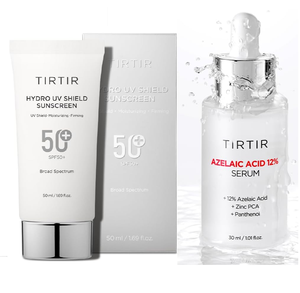 TIRTIR Sunscreen and Azelaic Acid Serum - Sun Care Duo, SPF 50+ UVA/UVB Protection, Lightweight, No White Cast, Non-greasy, Korean Sunscreen, Soothing, Balancing, Gentle Exfoliation