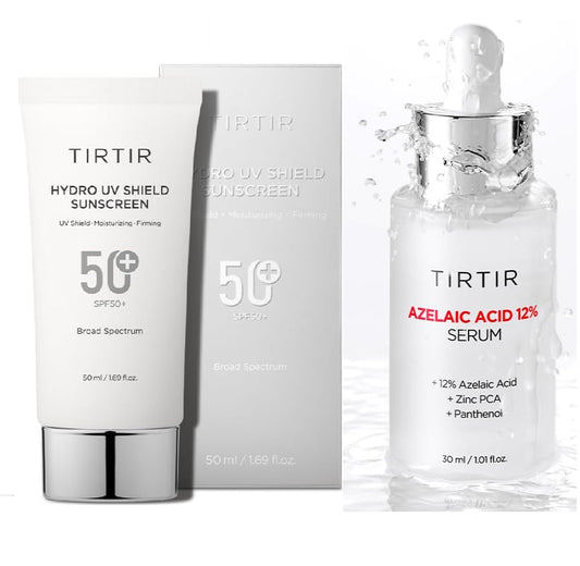 TIRTIR Sunscreen and Azelaic Acid Serum - Sun Care Duo, SPF 50+ UVA/UVB Protection, Lightweight, No White Cast, Non-greasy, Korean Sunscreen, Soothing, Balancing, Gentle Exfoliation